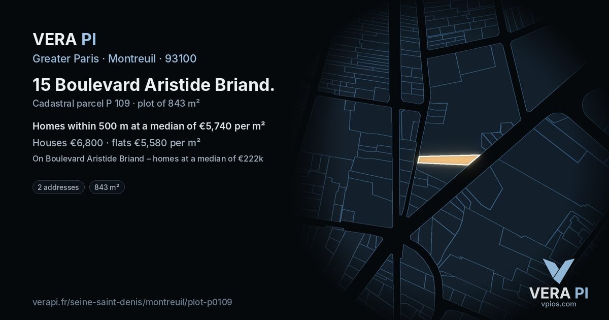 15 Boulevard Aristide Briand, Montreuil at night – the plot lit, the parcels around coloured by the prices near them