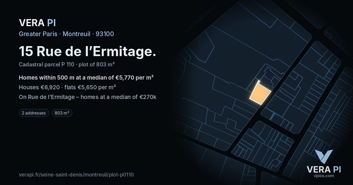 15 Rue de l’Ermitage, Montreuil at night – the plot lit, the parcels around coloured by the prices near them
