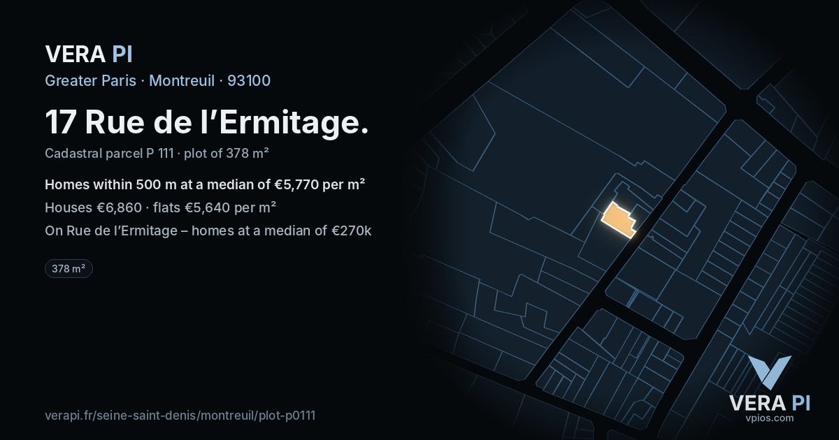 17 Rue de l’Ermitage, Montreuil at night – the plot lit, the parcels around coloured by the prices near them