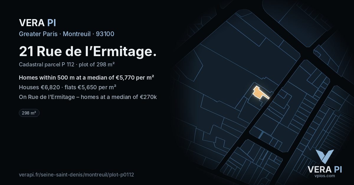 21 Rue de l’Ermitage, Montreuil at night – the plot lit, the parcels around coloured by the prices near them