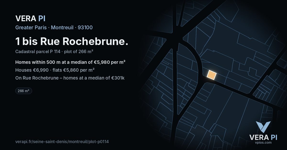 1 bis Rue Rochebrune, Montreuil at night – the plot lit, the parcels around coloured by the prices near them