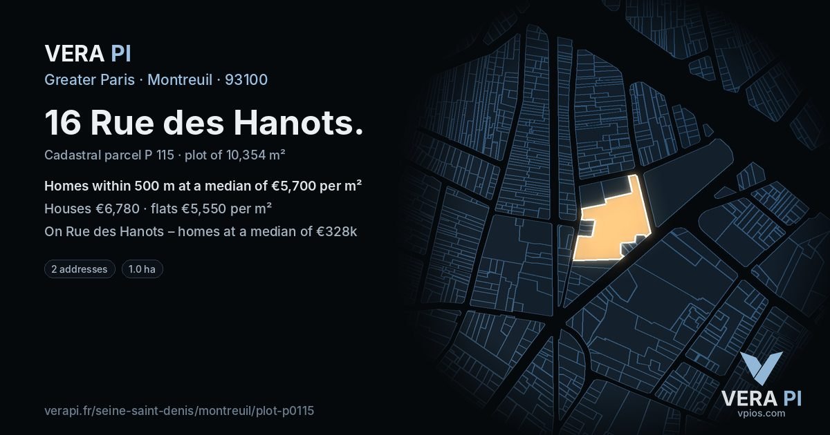 16 Rue des Hanots, Montreuil at night – the plot lit, the parcels around coloured by the prices near them