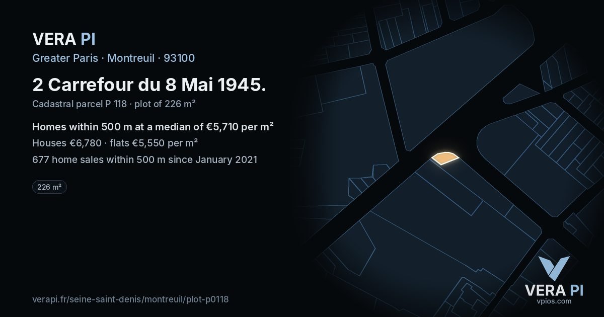 2 Carrefour du 8 Mai 1945, Montreuil at night – the plot lit, the parcels around coloured by the prices near them