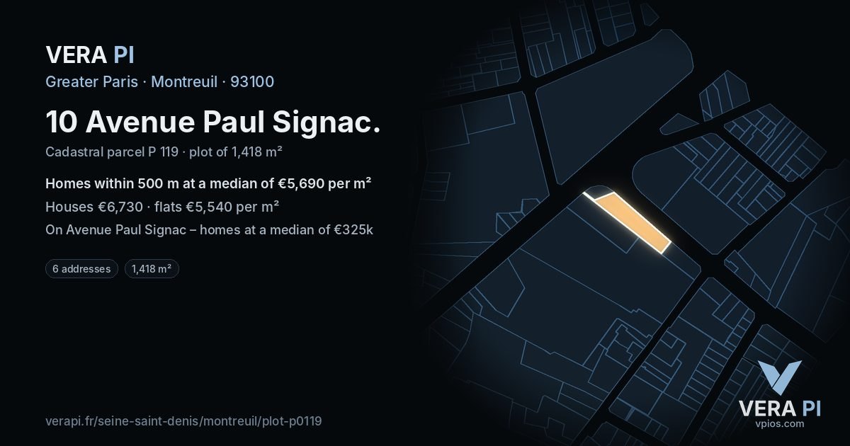 10 Avenue Paul Signac, Montreuil at night – the plot lit, the parcels around coloured by the prices near them