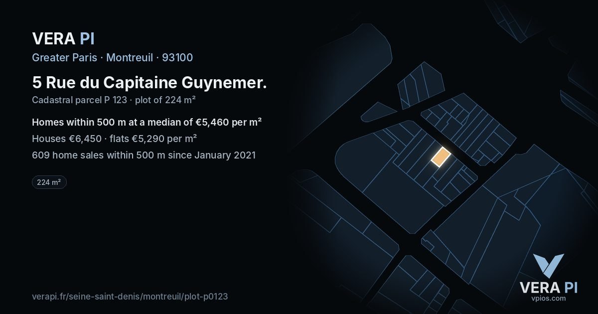5 Rue du Capitaine Guynemer, Montreuil at night – the plot lit, the parcels around coloured by the prices near them