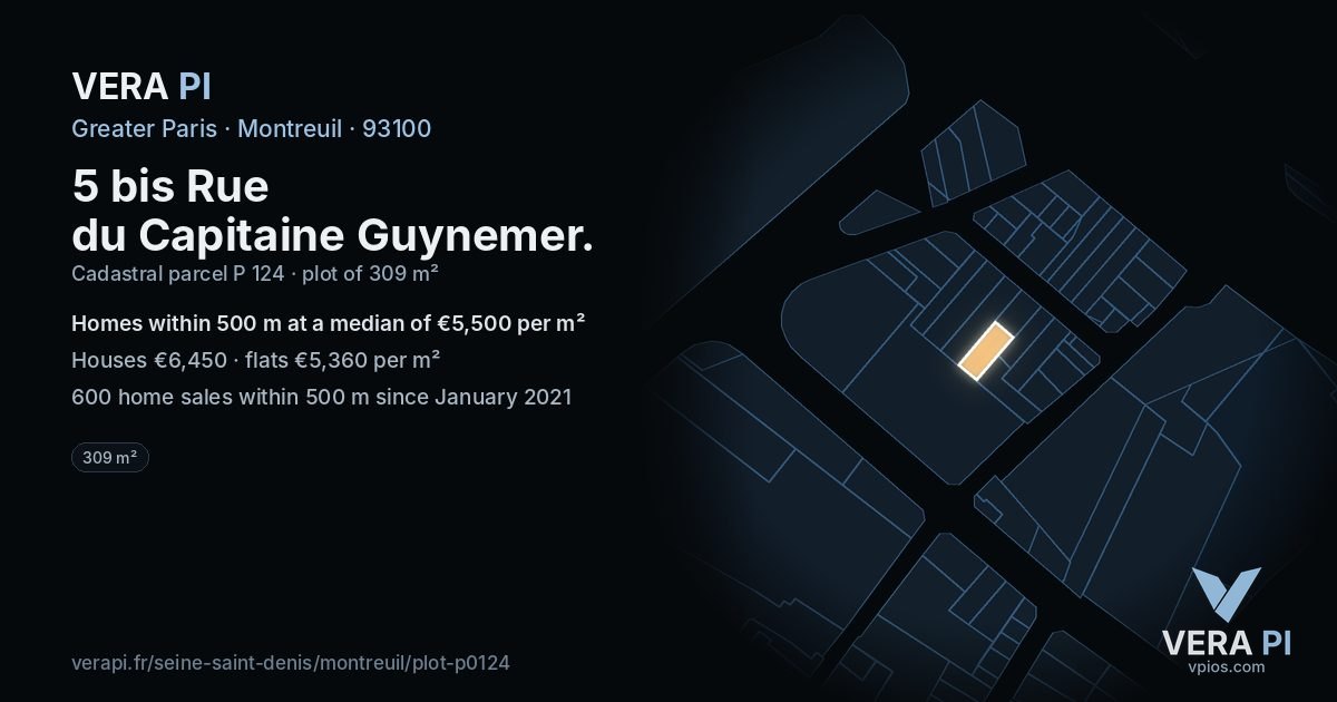 5 bis Rue du Capitaine Guynemer, Montreuil at night – the plot lit, the parcels around coloured by the prices near them