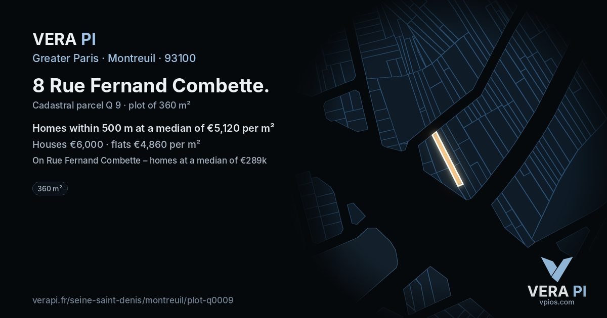 8 Rue Fernand Combette, Montreuil at night – the plot lit, the parcels around coloured by the prices near them