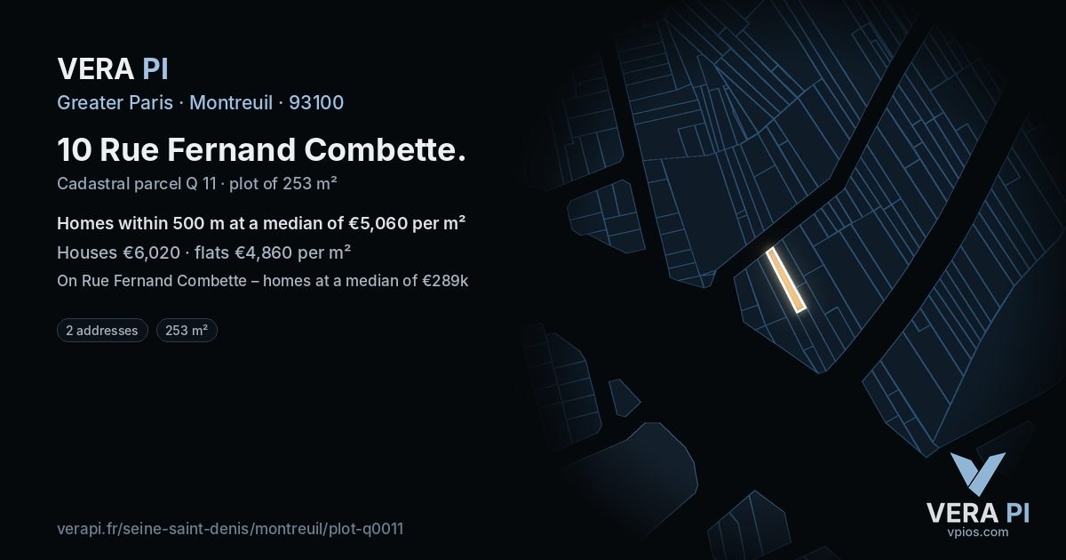 10 Rue Fernand Combette, Montreuil at night – the plot lit, the parcels around coloured by the prices near them