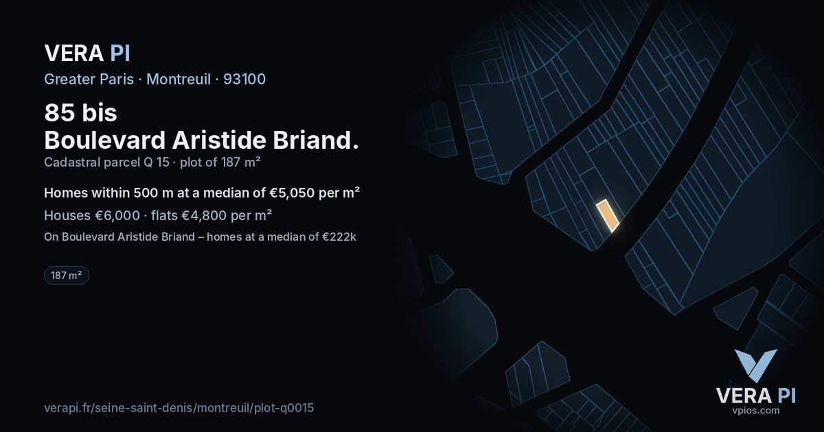 85 bis Boulevard Aristide Briand, Montreuil at night – the plot lit, the parcels around coloured by the prices near them