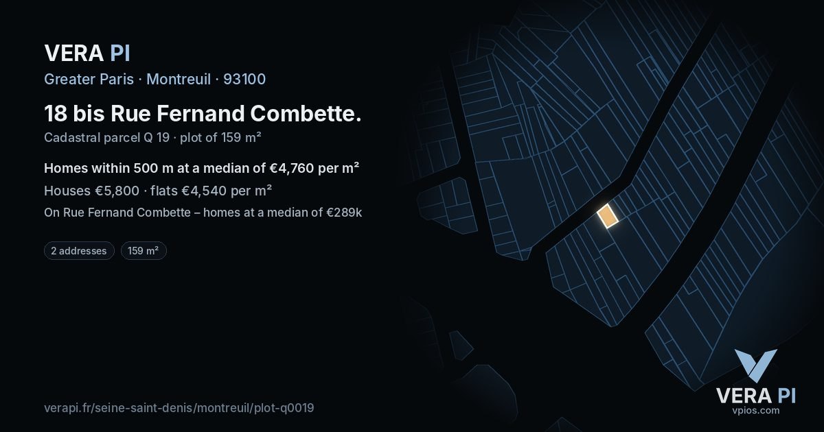 18 bis Rue Fernand Combette, Montreuil at night – the plot lit, the parcels around coloured by the prices near them