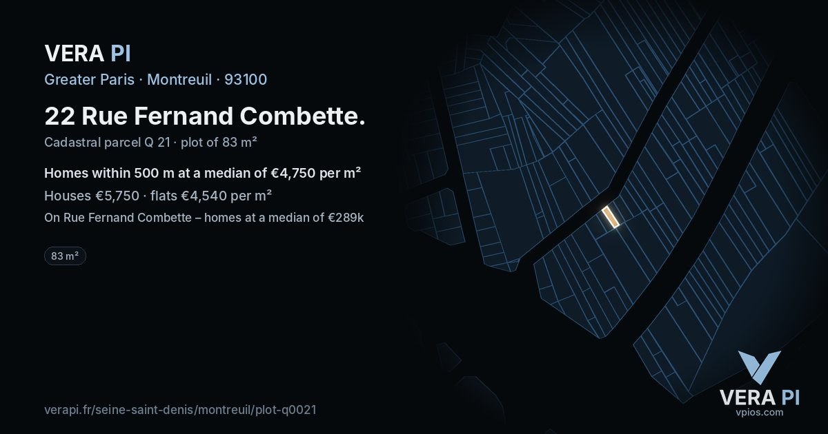 22 Rue Fernand Combette, Montreuil at night – the plot lit, the parcels around coloured by the prices near them