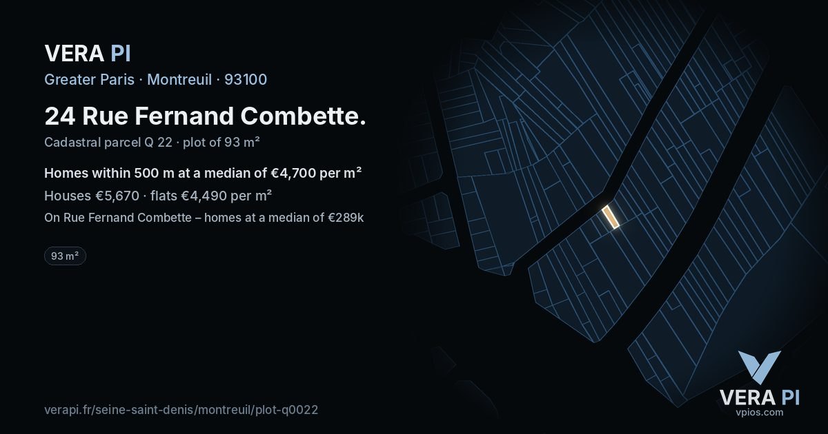 24 Rue Fernand Combette, Montreuil at night – the plot lit, the parcels around coloured by the prices near them
