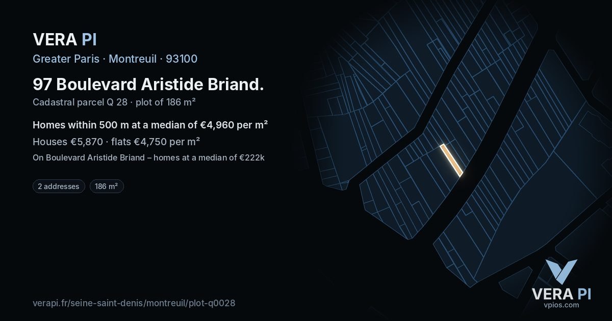 97 Boulevard Aristide Briand, Montreuil at night – the plot lit, the parcels around coloured by the prices near them