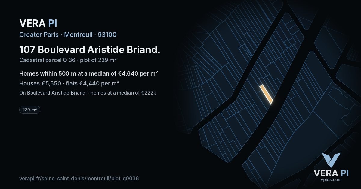 107 Boulevard Aristide Briand, Montreuil at night – the plot lit, the parcels around coloured by the prices near them