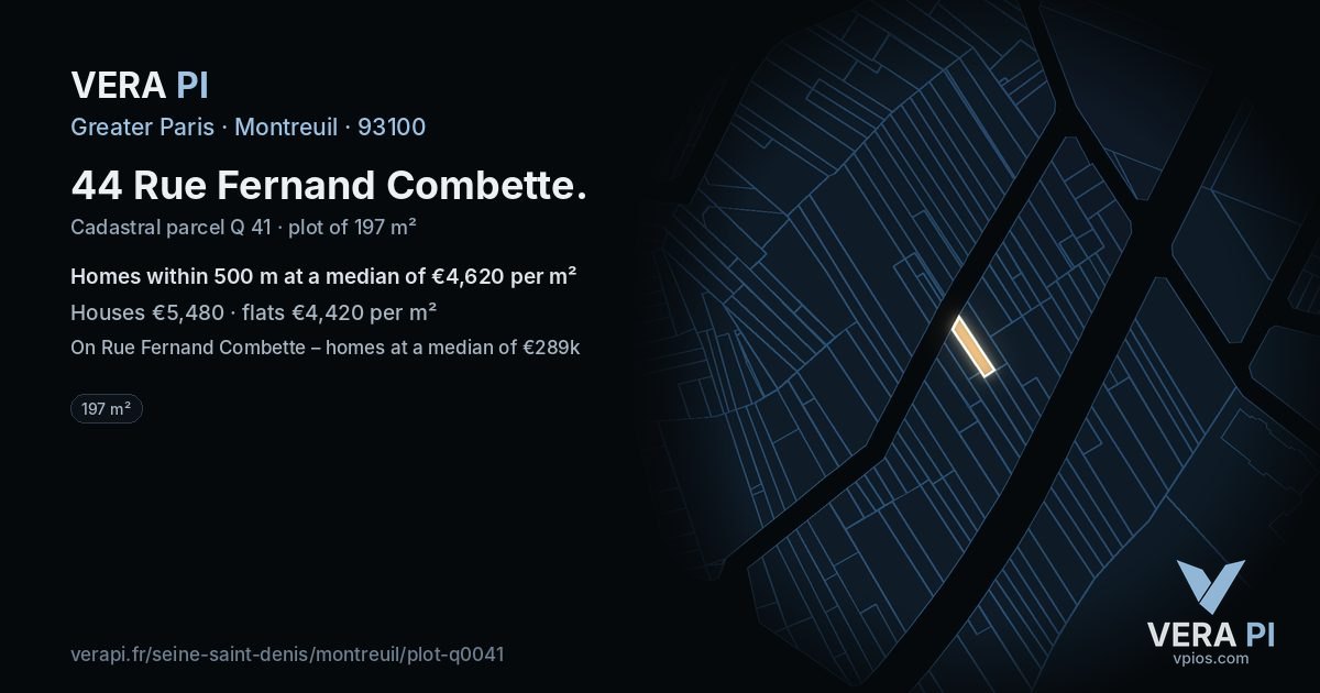 44 Rue Fernand Combette, Montreuil at night – the plot lit, the parcels around coloured by the prices near them