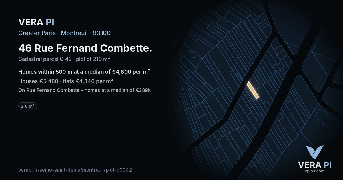 46 Rue Fernand Combette, Montreuil at night – the plot lit, the parcels around coloured by the prices near them
