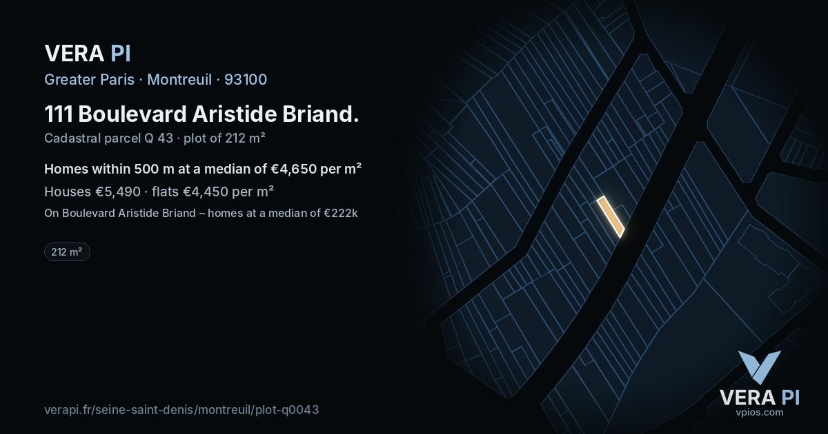 111 Boulevard Aristide Briand, Montreuil at night – the plot lit, the parcels around coloured by the prices near them