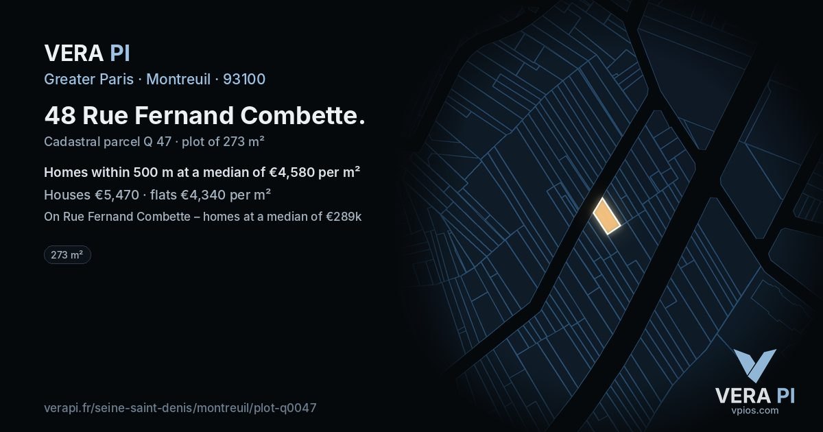 48 Rue Fernand Combette, Montreuil at night – the plot lit, the parcels around coloured by the prices near them