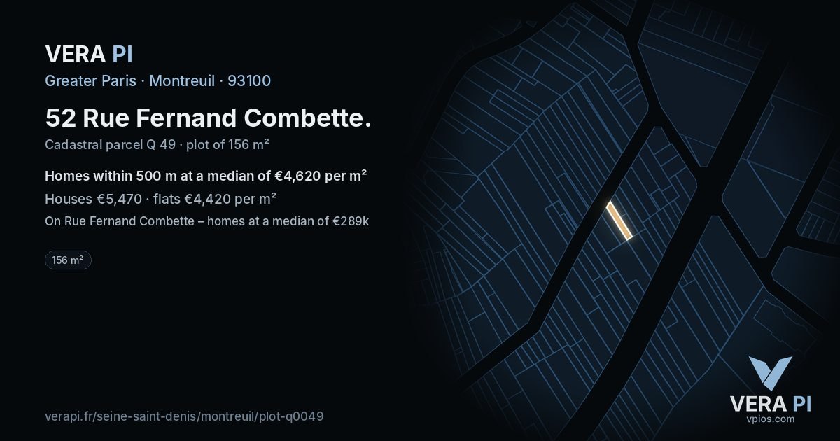 52 Rue Fernand Combette, Montreuil at night – the plot lit, the parcels around coloured by the prices near them