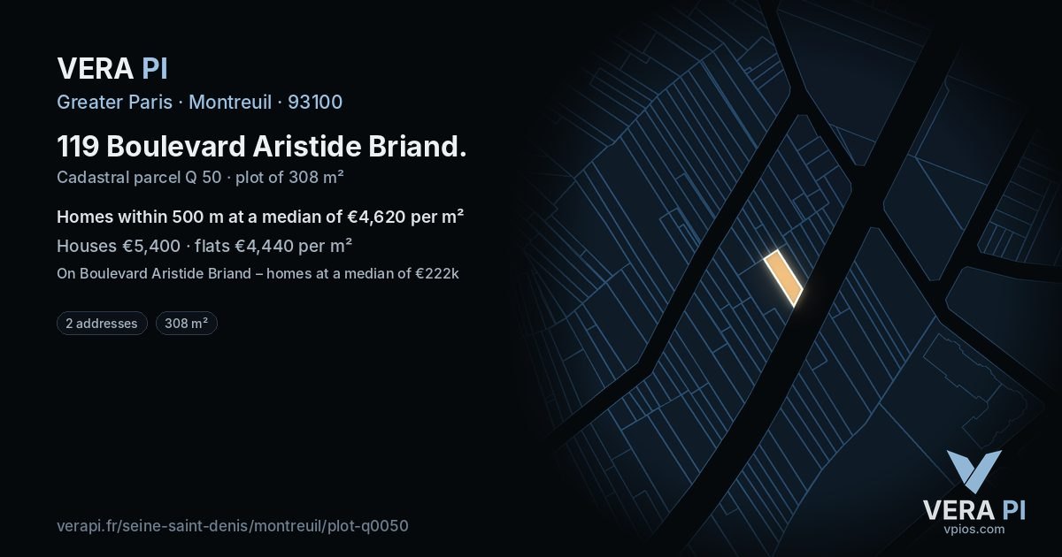 119 Boulevard Aristide Briand, Montreuil at night – the plot lit, the parcels around coloured by the prices near them