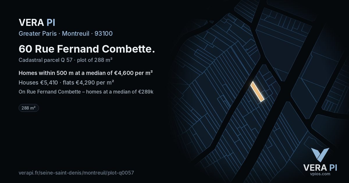 60 Rue Fernand Combette, Montreuil at night – the plot lit, the parcels around coloured by the prices near them