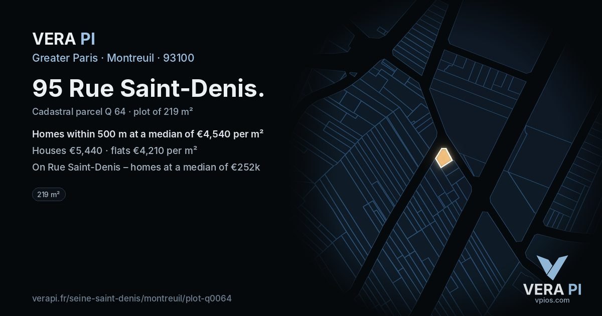 95 Rue Saint-Denis, Montreuil at night – the plot lit, the parcels around coloured by the prices near them