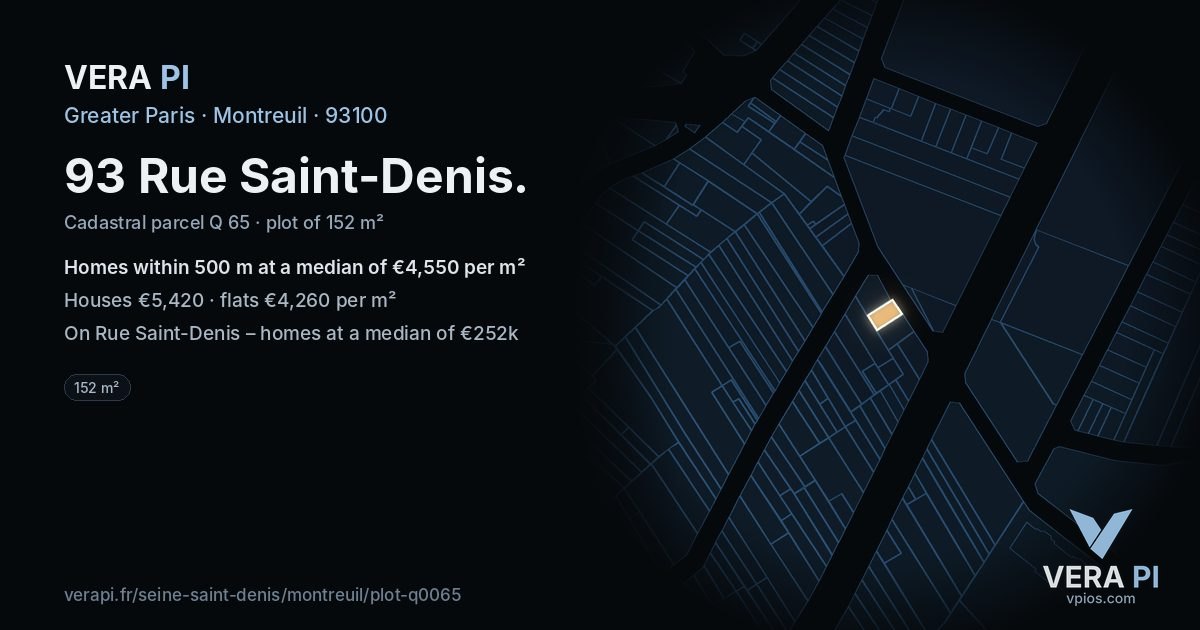 93 Rue Saint-Denis, Montreuil at night – the plot lit, the parcels around coloured by the prices near them
