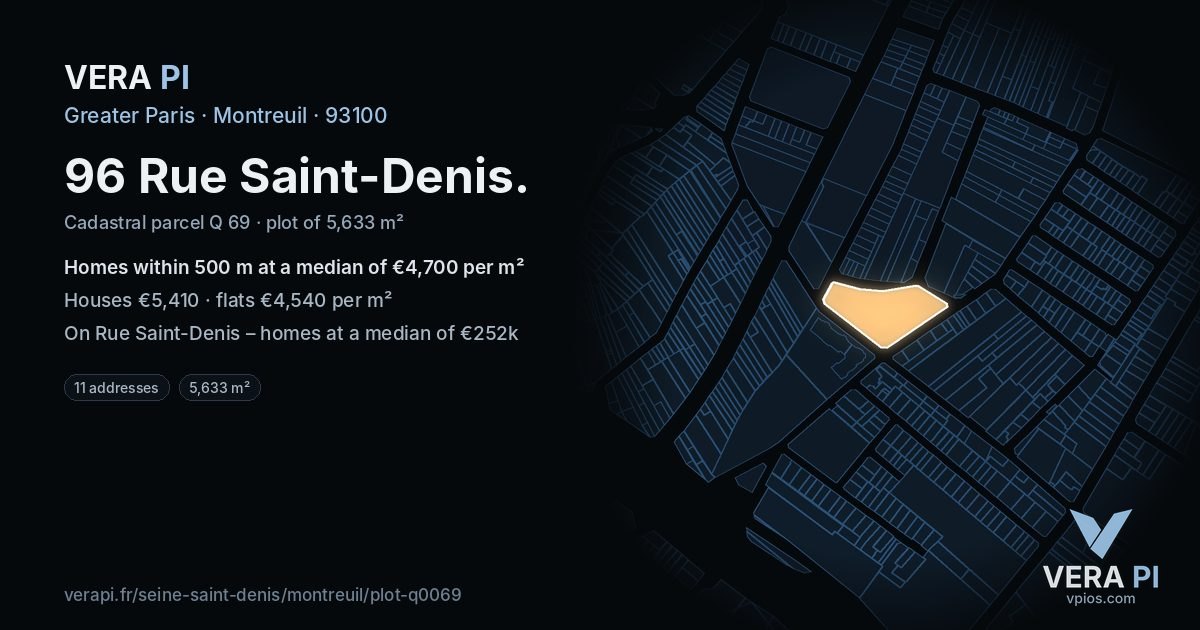96 Rue Saint-Denis, Montreuil at night – the plot lit, the parcels around coloured by the prices near them