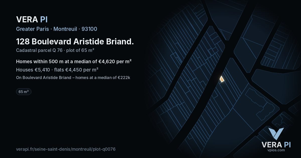 128 Boulevard Aristide Briand, Montreuil at night – the plot lit, the parcels around coloured by the prices near them