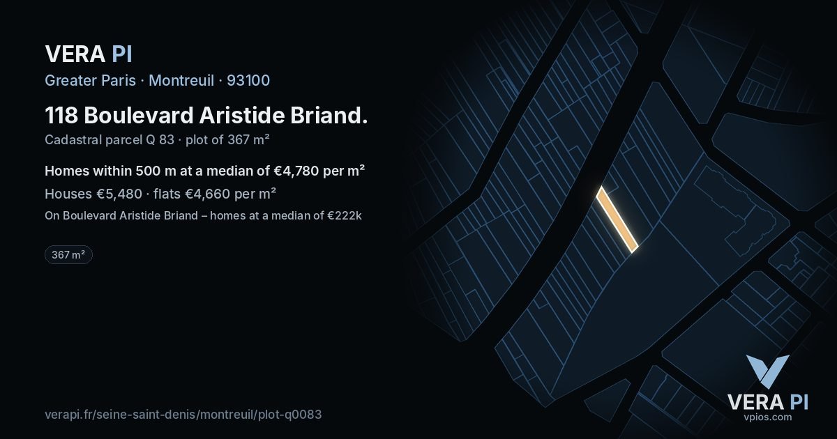 118 Boulevard Aristide Briand, Montreuil at night – the plot lit, the parcels around coloured by the prices near them