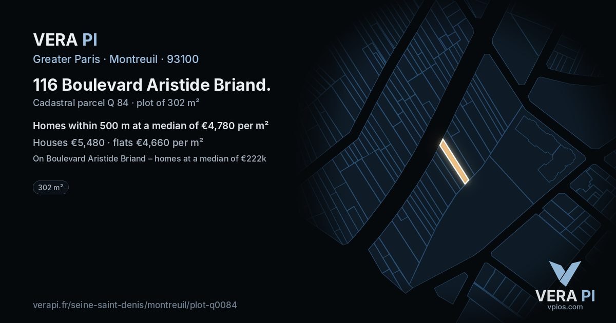 116 Boulevard Aristide Briand, Montreuil at night – the plot lit, the parcels around coloured by the prices near them