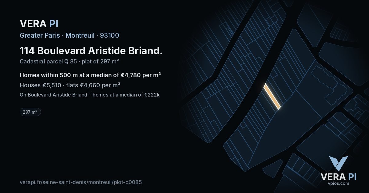 114 Boulevard Aristide Briand, Montreuil at night – the plot lit, the parcels around coloured by the prices near them