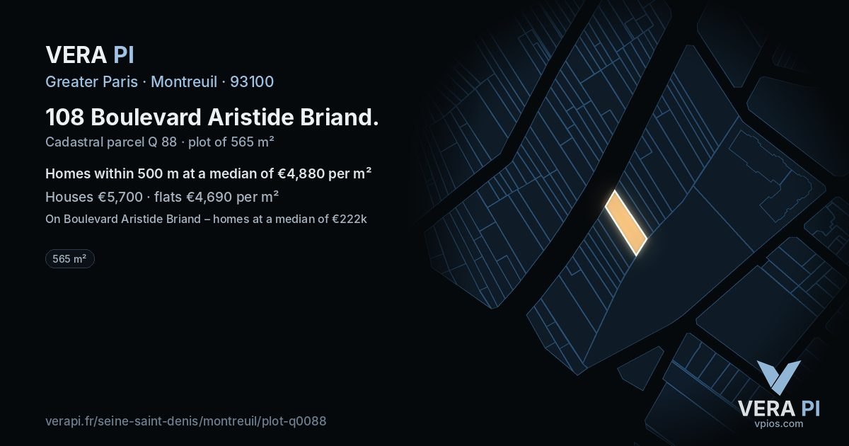 108 Boulevard Aristide Briand, Montreuil at night – the plot lit, the parcels around coloured by the prices near them