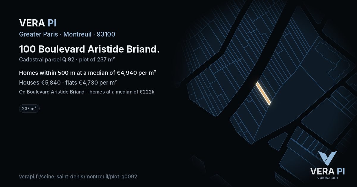 100 Boulevard Aristide Briand, Montreuil at night – the plot lit, the parcels around coloured by the prices near them