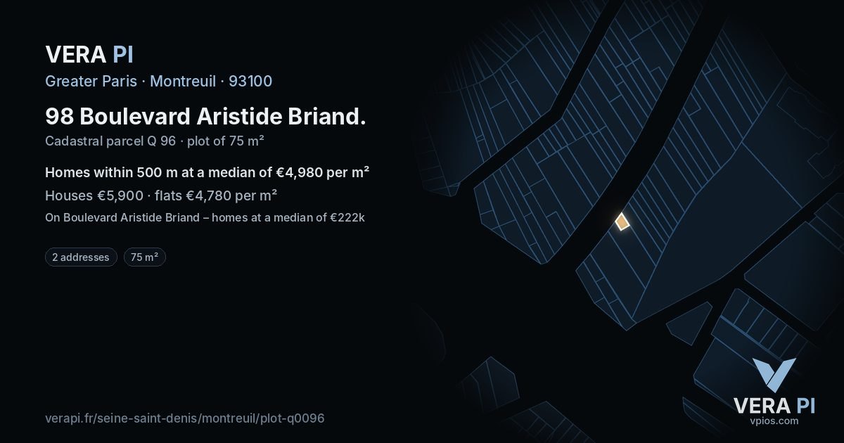 98 Boulevard Aristide Briand, Montreuil at night – the plot lit, the parcels around coloured by the prices near them