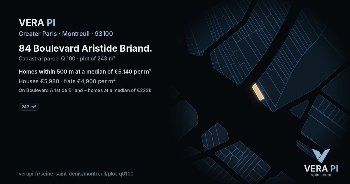 84 Boulevard Aristide Briand, Montreuil at night – the plot lit, the parcels around coloured by the prices near them