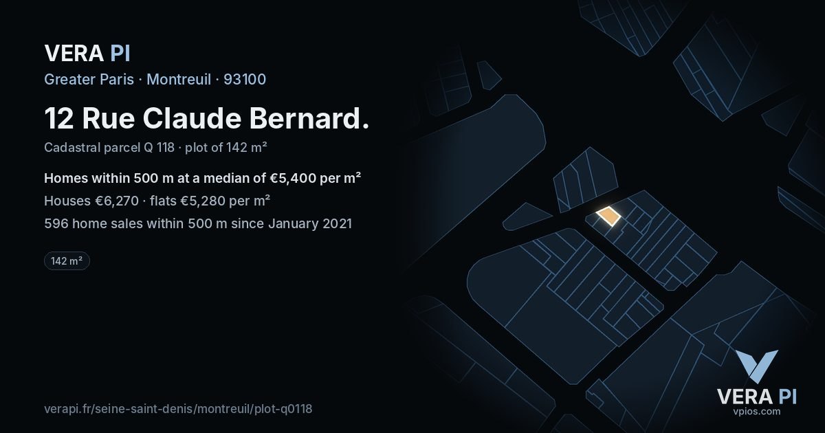 12 Rue Claude Bernard, Montreuil at night – the plot lit, the parcels around coloured by the prices near them