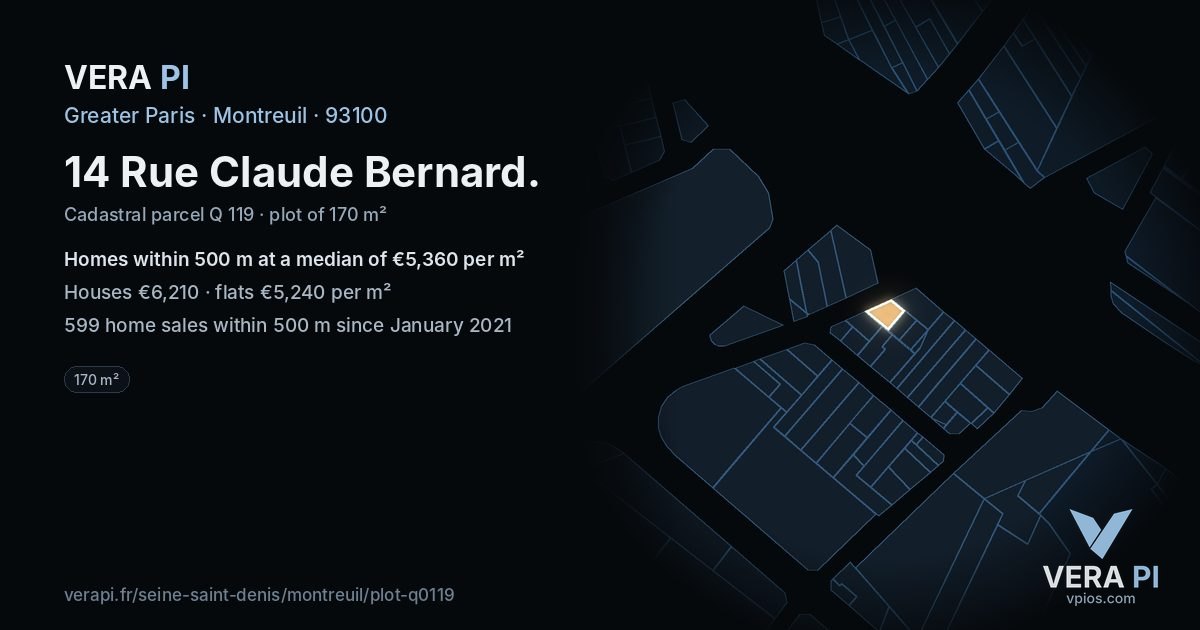 14 Rue Claude Bernard, Montreuil at night – the plot lit, the parcels around coloured by the prices near them