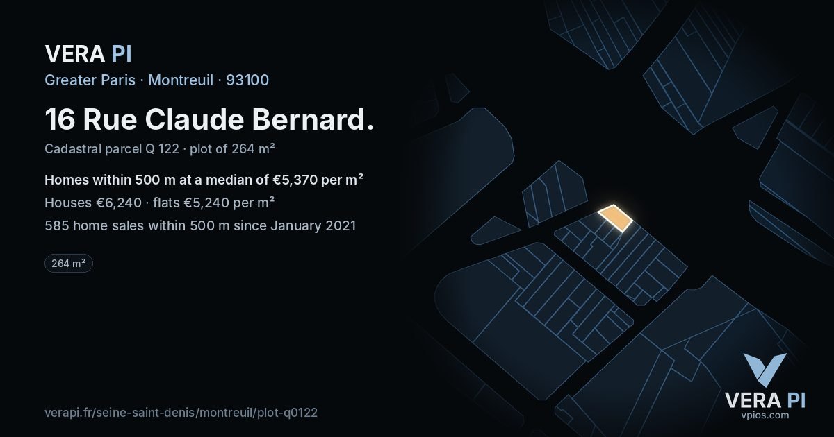 16 Rue Claude Bernard, Montreuil at night – the plot lit, the parcels around coloured by the prices near them