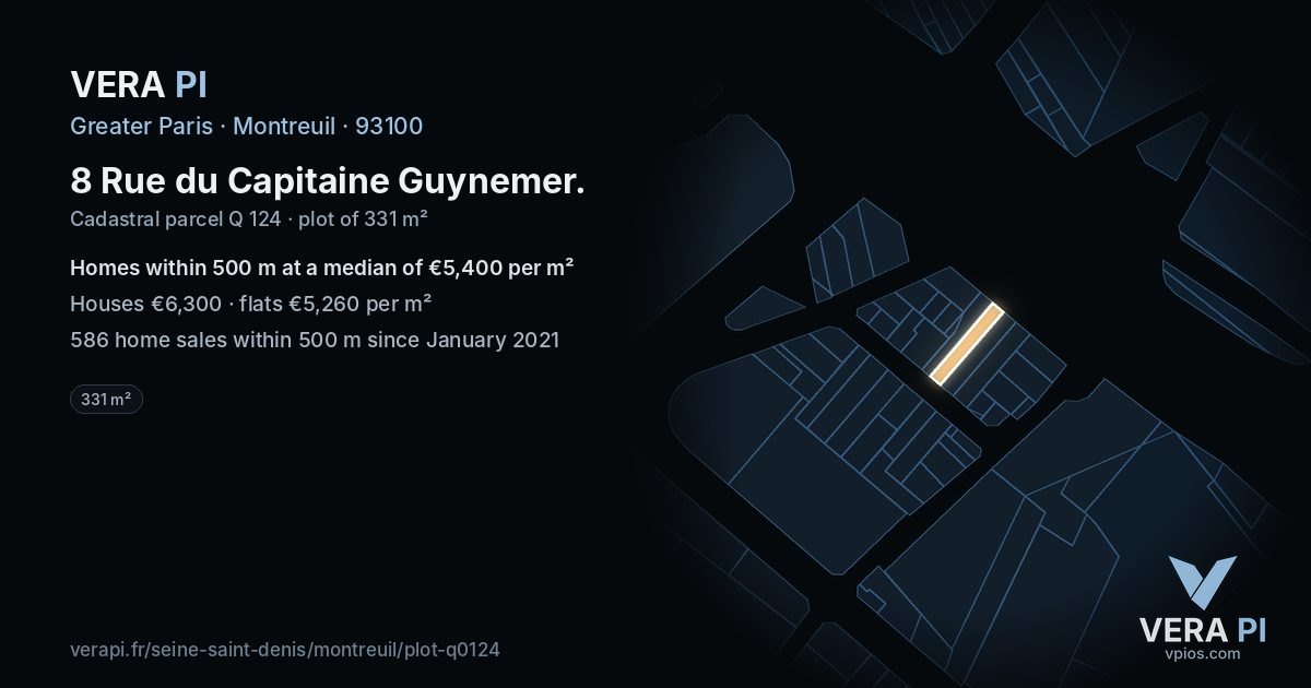 8 Rue du Capitaine Guynemer, Montreuil at night – the plot lit, the parcels around coloured by the prices near them