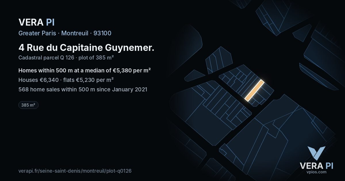 4 Rue du Capitaine Guynemer, Montreuil at night – the plot lit, the parcels around coloured by the prices near them