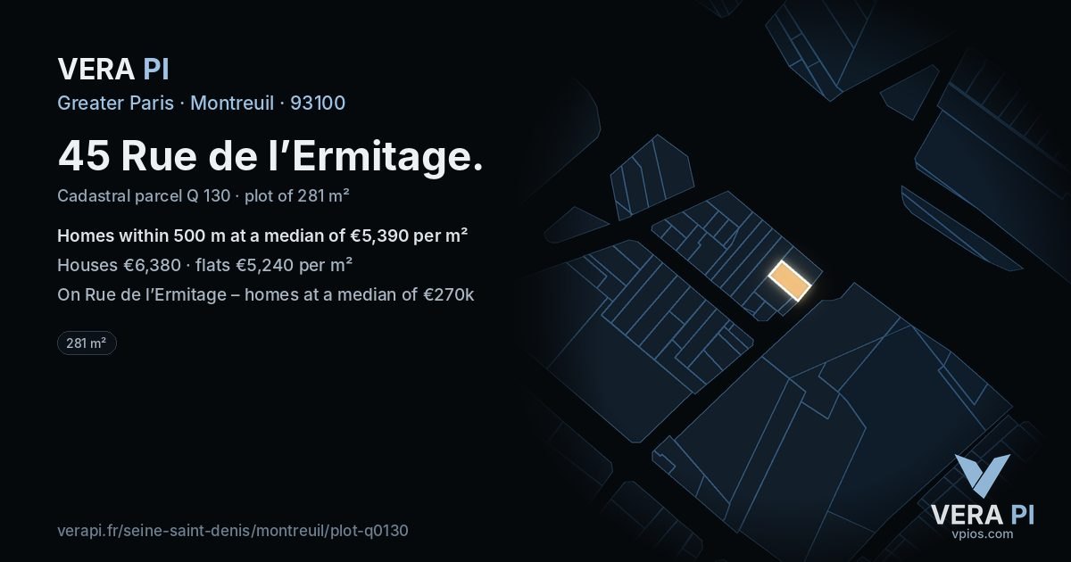 45 Rue de l’Ermitage, Montreuil at night – the plot lit, the parcels around coloured by the prices near them