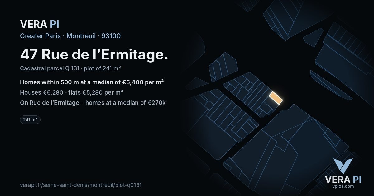 47 Rue de l’Ermitage, Montreuil at night – the plot lit, the parcels around coloured by the prices near them