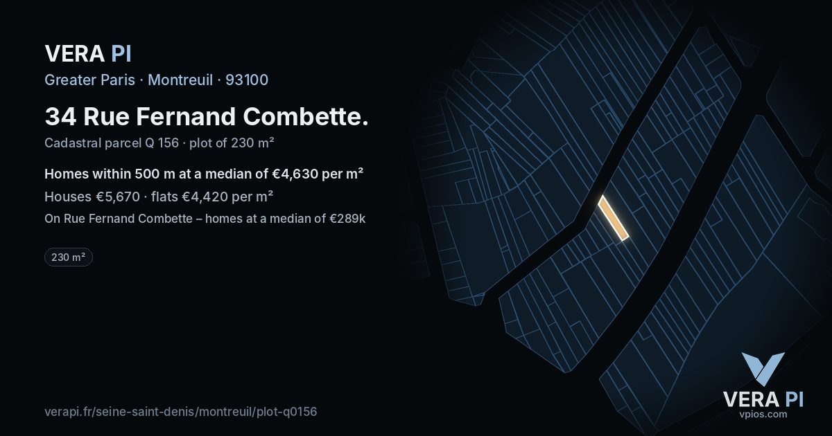 34 Rue Fernand Combette, Montreuil at night – the plot lit, the parcels around coloured by the prices near them
