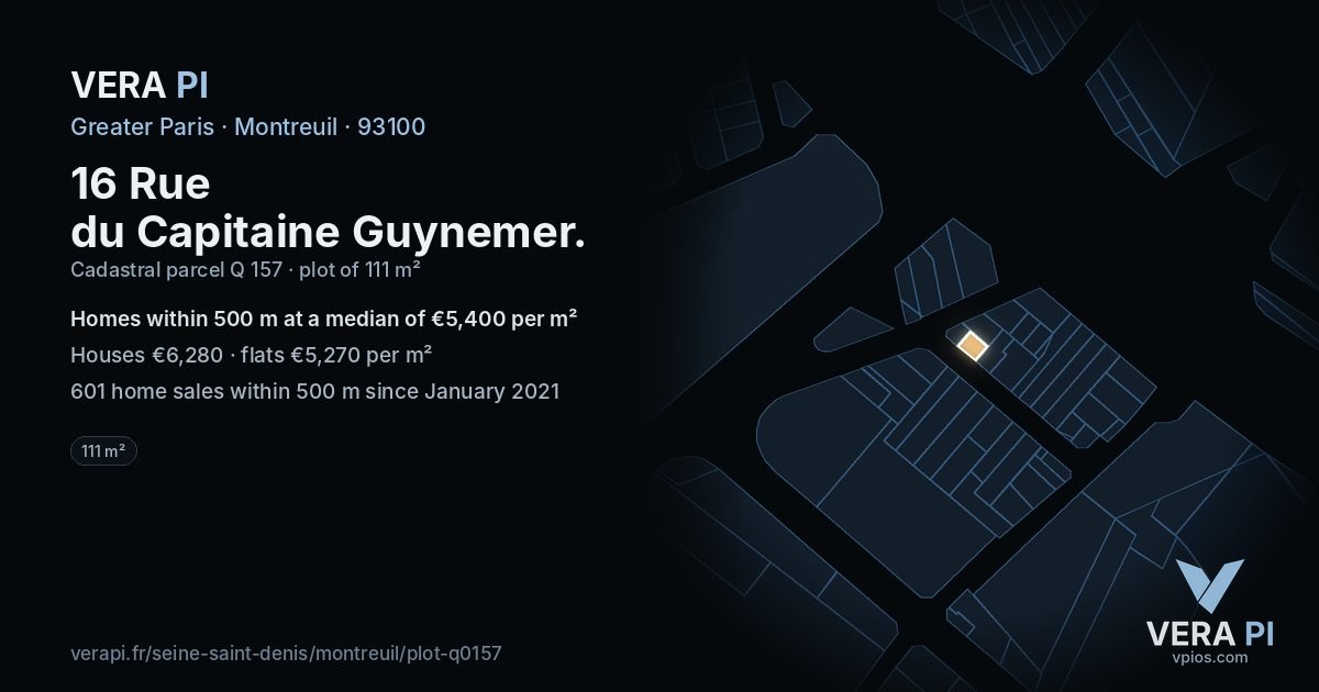 16 Rue du Capitaine Guynemer, Montreuil at night – the plot lit, the parcels around coloured by the prices near them