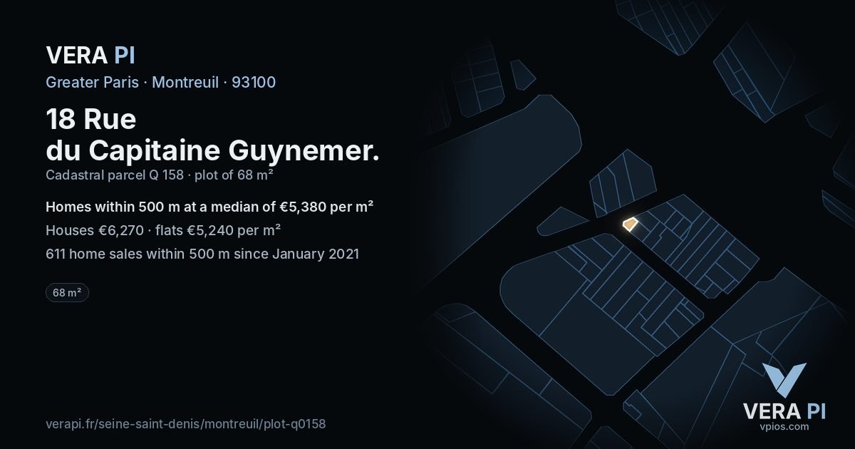 18 Rue du Capitaine Guynemer, Montreuil at night – the plot lit, the parcels around coloured by the prices near them