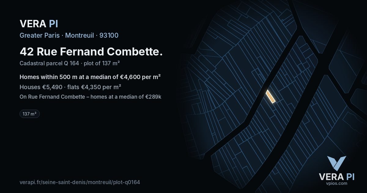 42 Rue Fernand Combette, Montreuil at night – the plot lit, the parcels around coloured by the prices near them