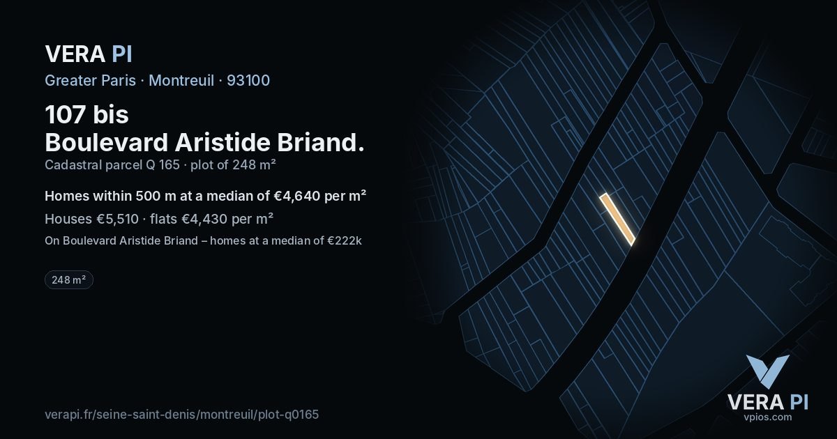 107 bis Boulevard Aristide Briand, Montreuil at night – the plot lit, the parcels around coloured by the prices near them