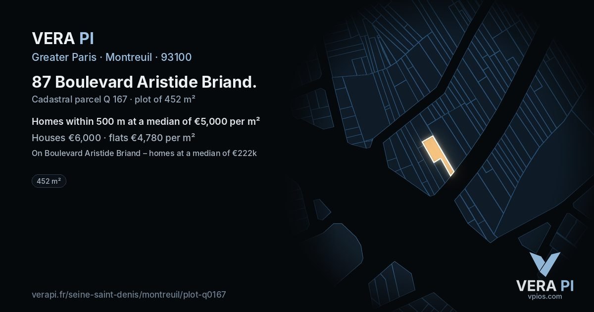 87 Boulevard Aristide Briand, Montreuil at night – the plot lit, the parcels around coloured by the prices near them