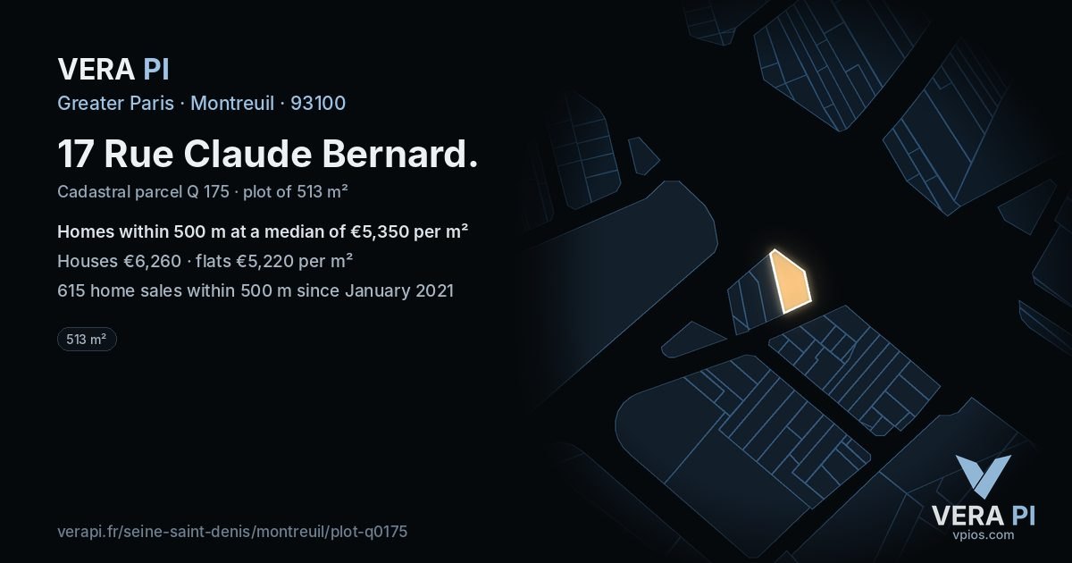 17 Rue Claude Bernard, Montreuil at night – the plot lit, the parcels around coloured by the prices near them